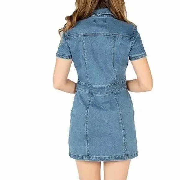 Peace Love Eco by Rewash Denim Mini Dress | Button Front | Short Sleeve | Size S - Picture 2 of 8
